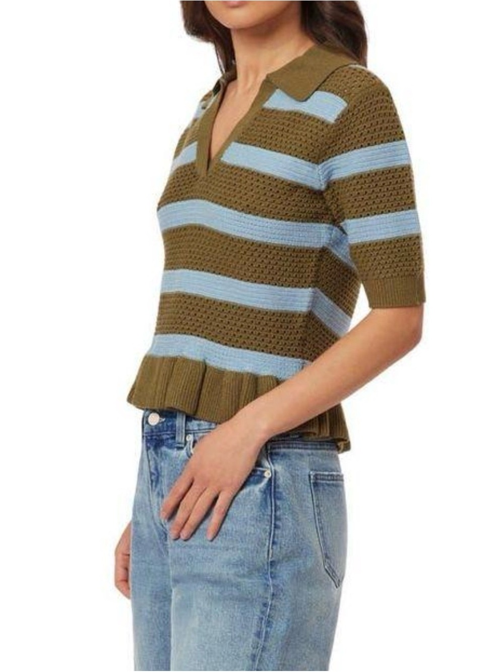 Scotch & Soda Olive and Light Blue Striped Knit Polo with Peplum Hem